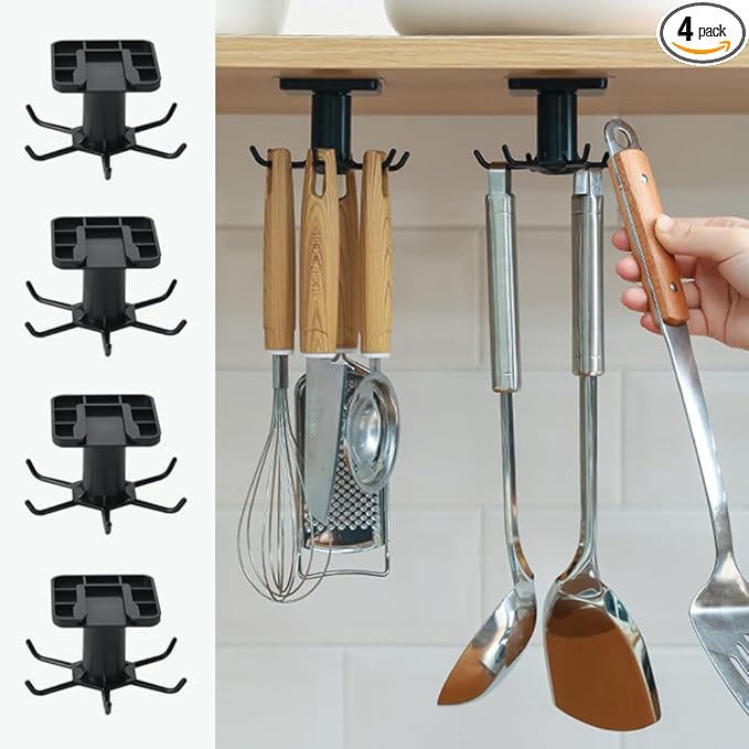 4 PCS Under Cabinet Kitchen Utensils Hooks Utility Nail Free 360°Rotating Hooks Adhesive Hanging Storage Rack for Tools/Towel/Knife(Black)