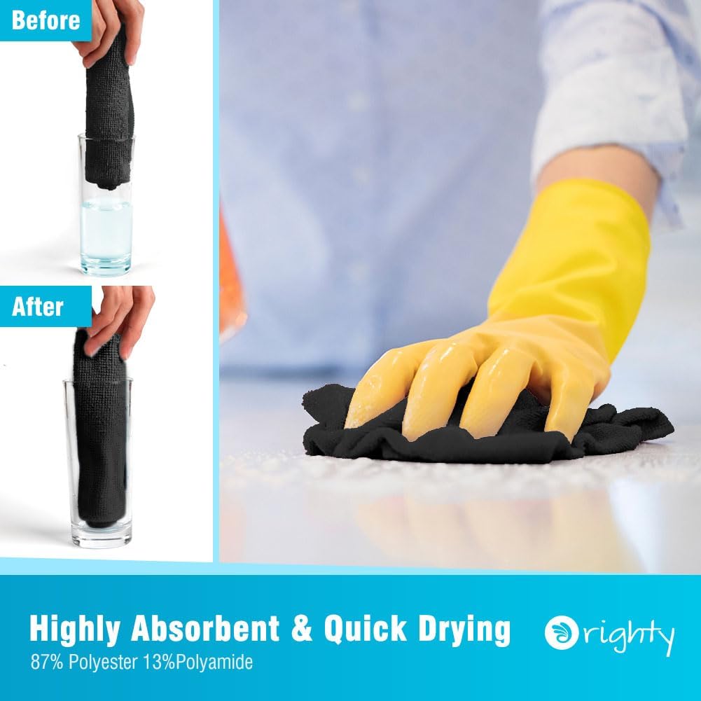 Orighty Microfiber Cleaning Cloth, 12 Pack Highly Absorbent Cleaning Supplies, Lint Free Cloths for Multiple-use, Powerful Dust Removal Clean Rags for House, Kitchen, Car Care(12x12 inch) Black
