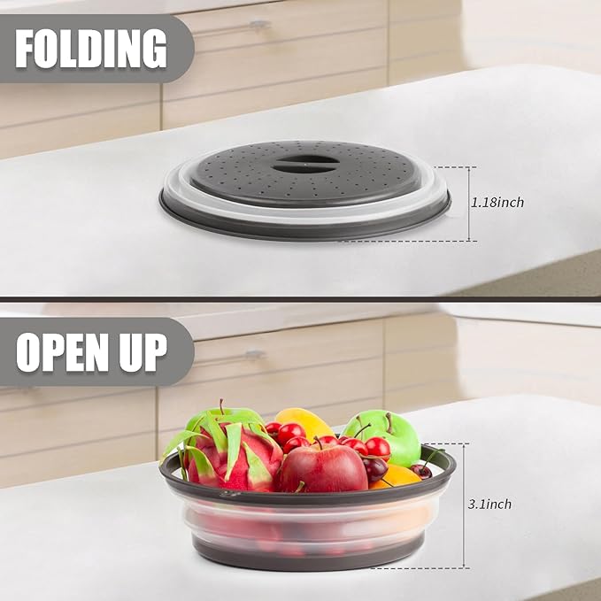 Microwave Splatter Cover & Silicone Mat – Collapsible, Vented, Reusable Food Guard and Plate Cover with Heat-Resistant Trivet for Pots, Pans, and Kitchen Counter, Black
