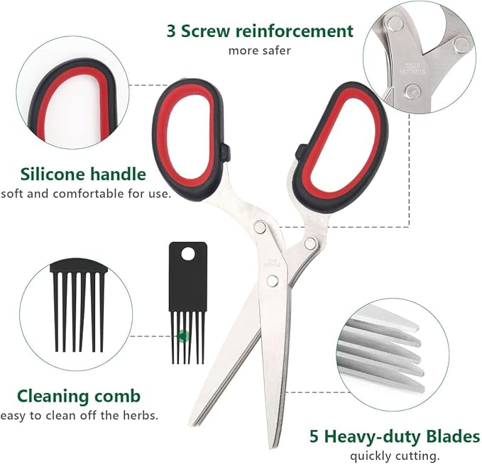 Luxiv Stainless Steel Scissors with Herb Stripper, 5-Blade Set and Cleaning Comb (Black)