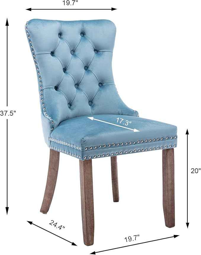Upholstered Dining Chairs Set of 4, Velvet Dining Room Chairs with Back Ring Pull Trim and Solid Wood Legs, Tufted Wingback Kitchen Chair Perfect for Dining Room,Living Room,Kitchen(Light Blue)