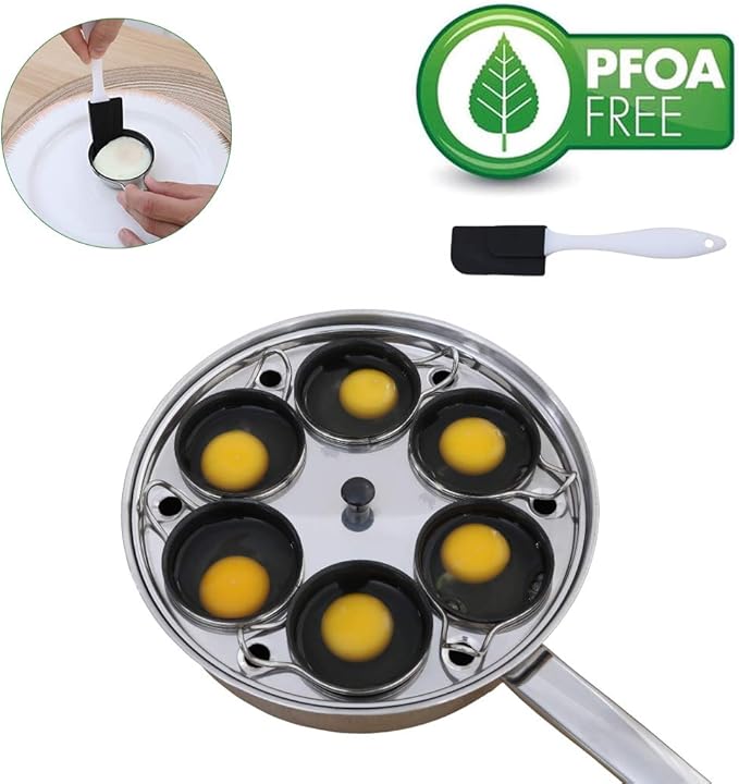 6 Cups Egg Poacher Pan - Stainless Steel Poached Egg Cooker – Induction Cooktop Egg Poachers Cookware Set with 4 Nonstick Large PFOA FREE Egg Poacher Cups and Silicone Spatula