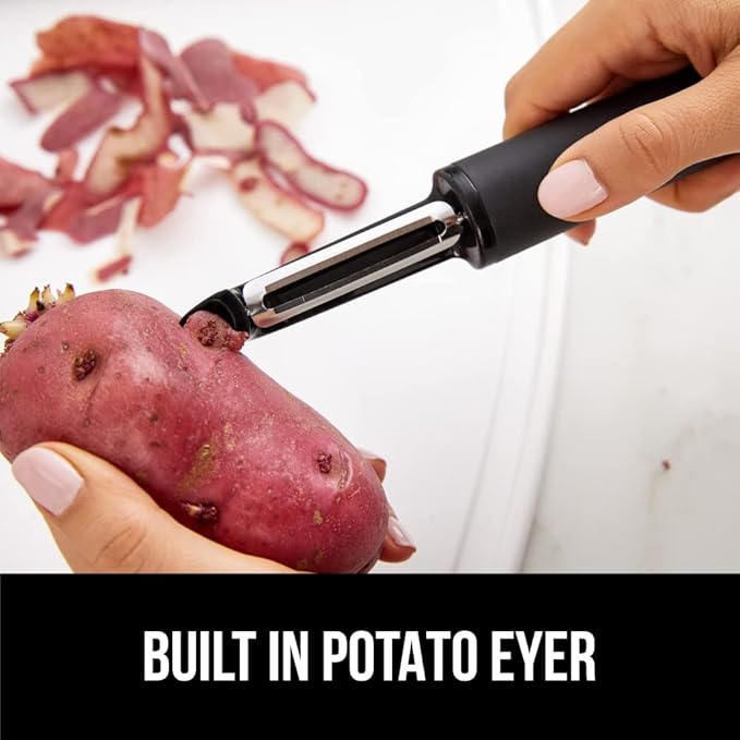 GORILLA GRIP Patented BPA-Free Sharp Stainless Steel Dual Swivel Vegetable Peeler, Soft Comfortable Handle, Smoothly Peel Apples Potatoes Carrots, Includes Blade Cover, Holiday Prep Essentials, Black