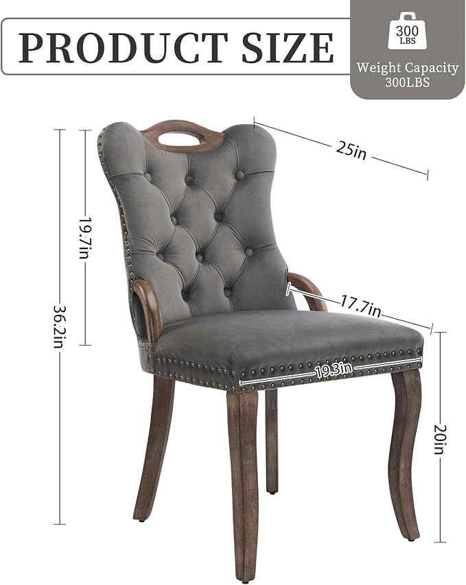 Grey Velvet Dining Chairs Set of 2，Modern Upholstered Dining Room Chairs with Tufted Back and Wood Handles, Curved Solid Wood Legs, Sillas de Comedor