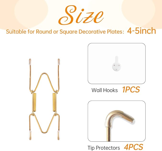 3 Pack Plate Hangers for The Wall, Suitable for 4-5 inch Art Plate, Stainless Steel Invisible Heavy Duty Wire Plate Holder with Wall Hooks, Plate Hangers for Displaying Plates, Platter, Dish, Gold