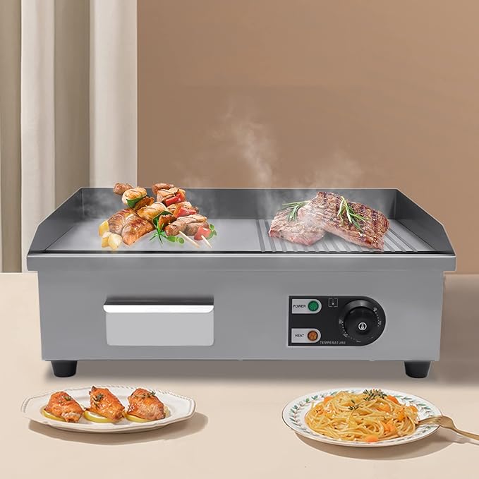Commercial Flat Top Grill, 22" Extra Large Commercial Electric Griddle, 1600W high working power Tabletop Flat Top Grill Indoor for BBQ Pancake Chicken, Adjustable Temperature 122℉-572℉