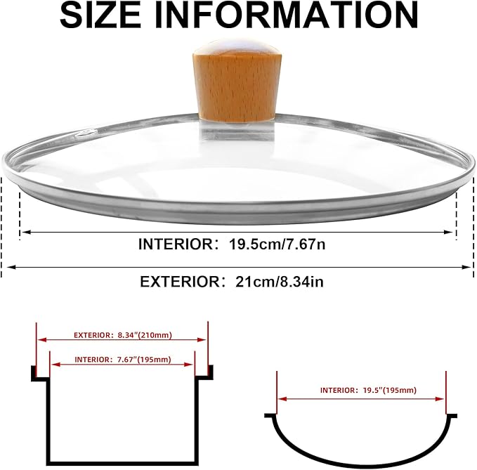 8 Inch Pan Lid with Wooden Handle, Tempered Glass Lid, Cast Iron Skillet, Pot, and Replacement Pan Cover, Clear Frying Pan Lid Fits Pots, Pans and Skillets, Dishwasher Safe