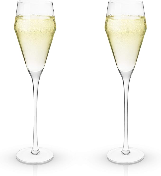 Viski Angled Prosecco Sparkling Wine Glasses, Crystal Clear Long Stemmed Champagne Glasses Gift Set, Sleek Glassware for Wedding Gifts, Housewarming, Dinner Party, Home Bar, 8 oz, Set of 2