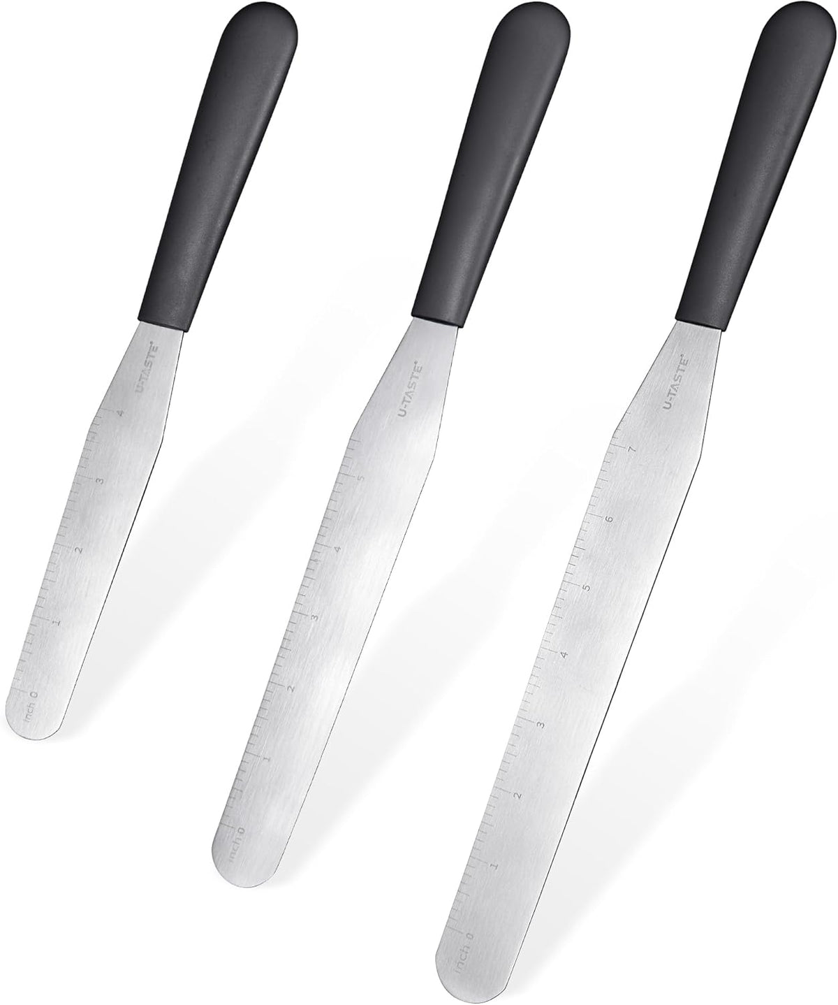U-Taste Cake Icing Spatulas Set: Straight Decorating Frosting Knife with 6", 8", 10" Thinner Stainless Steel Blade, Flexible Smoothing Spreading Tools with Comfortable PP Handle for Cream (Black)