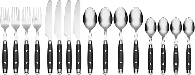 Cambridge Silverware Set, Jubilee Black 16-Piece Flatware Set, Service For 4, 18/0 Stainless Steel, Dishwasher Safe, Knives Spoons And Forks Set, Home And Kitchen Utensils(Black/Silver, 16 Pieces)