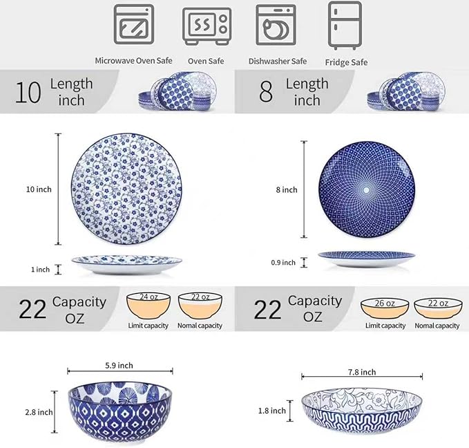 Selamica Ceramic Dinnerware Sets, 16 Pieces Dishes Set for 4, Kitchen Plates and Bowls Sets, Dishwasher & Microwave Safe, Vintage Blue