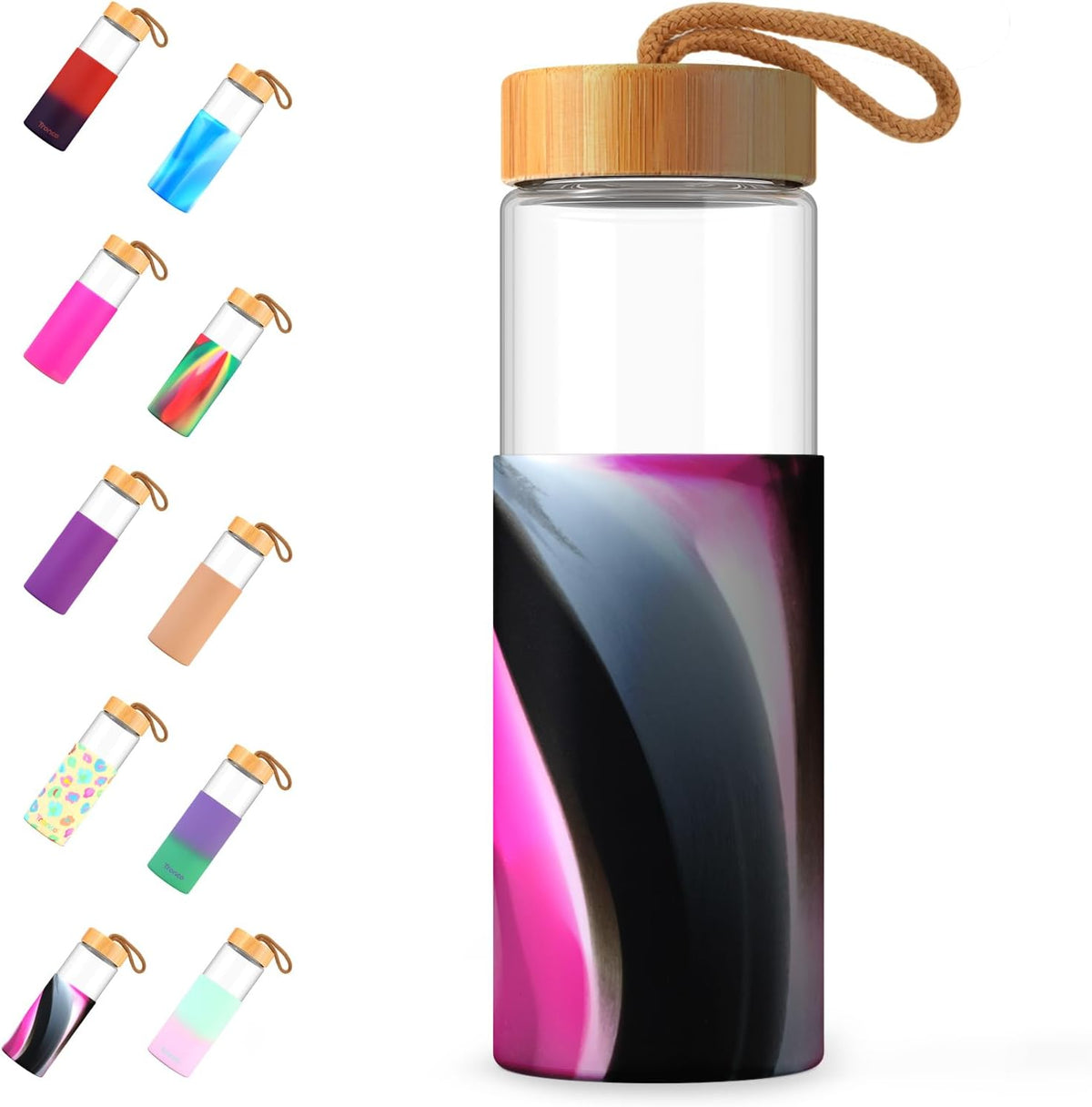 Tronco 24oz Glass Water Bottles with Bamboo Lid & Silicone Sleeve, Leak Proof, BPA Free, Reusable Borosilicate Glass Bottles for Juicing, Smoothies, Juice & Water, for Men & Women Gym, Office, Travel