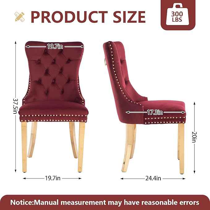 Velvet Dining Chairs Set of 6, Kitchen Chairs Set of 6, Tufted Upholstered Dining Room Chair, Back Ring Pull Trim, Golden Stainless Steel Legs, Wine Red