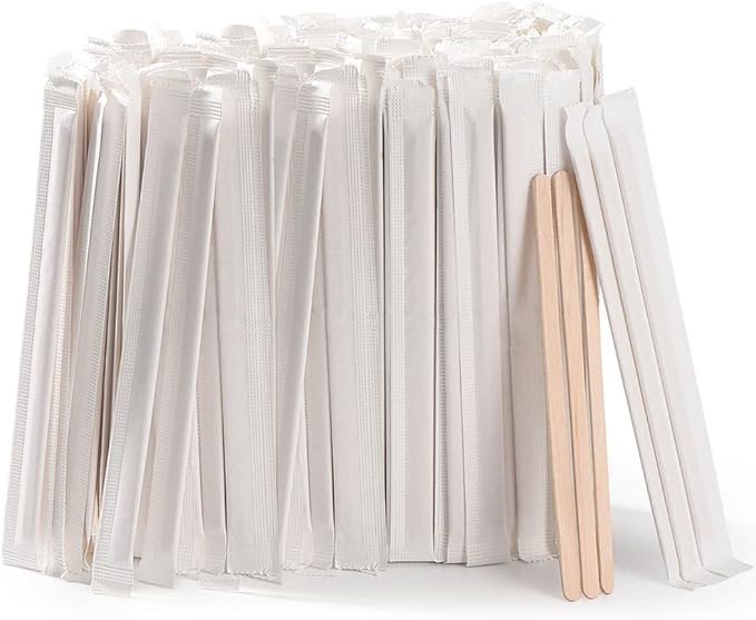 MFJUNS 500pcs Individually Wrapped Wooden Coffee Stirrers - 5.5" Coffee Stir Sticks, Round End Disposable Stir Sticks, For Coffee, Cocktail and Hot Drinks