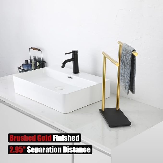 JQK Hand Towel Holder Stand Brushed Gold, Modern Tree Rack Free Standing for Countertop with 12 Inch 2 Bars, 304 Stainless Steel Golden, HTT172-BG