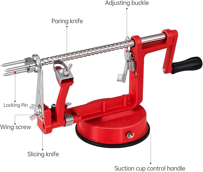 Apple Peeler Slicer Corer with Stainless Steel Blades and Powerful Suction Base for Apples Pears Potatoes(Red)