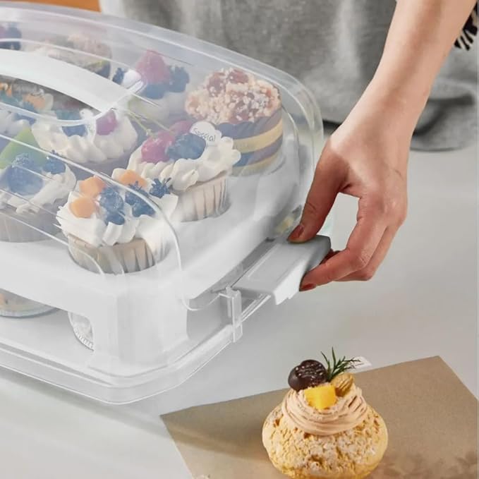 Top Shelf Elements Cupcake Carrier, EXTRA LARGE LID, White Cupcake Holder Carries 24 Standard-Size Cupcakes, Muffin Traveler Two Tier Stand Reusable Cupcake Box