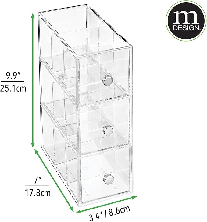mDesign Plastic Kitchen Pantry, Cabinet, Countertop Organizer Storage Station with 3 Drawers for Coffee, Tea, Sugar Packets, Sweeteners, Creamers, Drink Pods, Packets - 3 Sections - Clear