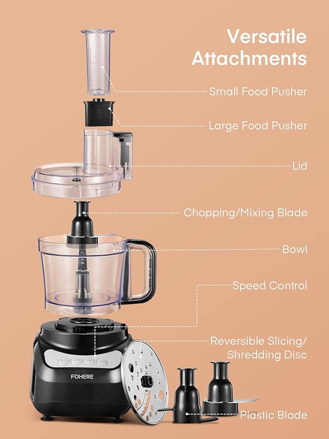 FOHERE Food Processor, 12 Cup, 2-in-1 Feed Chute Food Chopper & Meat Grinder, 500 Watt Motor, BPA Free, Stainless Steel, Procesador de Alimentos for Mincing, Dicing, Shredding, Puree & Kneading Dough