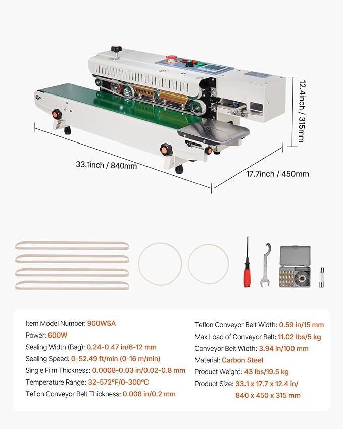 VEVOR Continuous Bag Band Sealing Machine, 0.24-0.47 in/6-12 mm Seal Width, Horizontal Band Sealer Machine with Digital Temperature Control, Bag Sealer for 0.02-0.8 mm Plastic Bags, Inflation Function