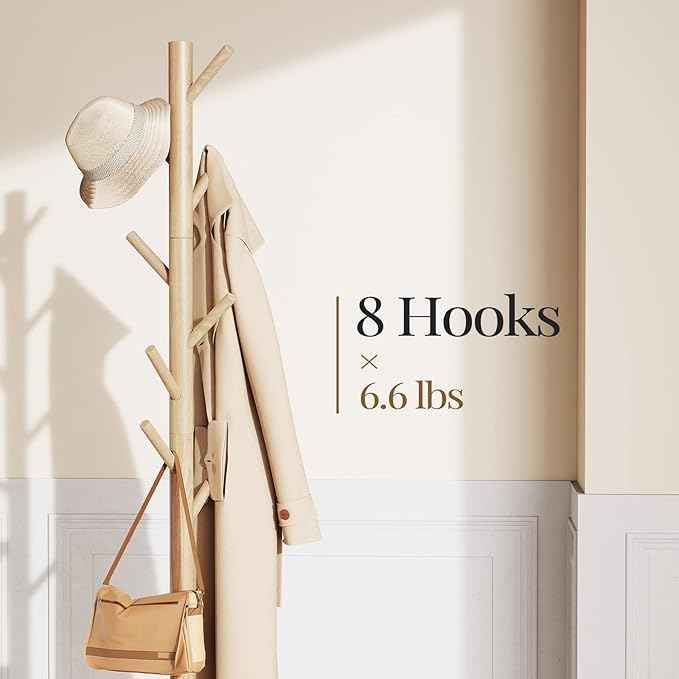 Pipishell Coat Rack Sturdy Wooden Coat Rack Stand, Adjustable Coat Tree, Free Standing Tree Hanger with 4 Sections & 8 Hooks, for Home/Bedroom/Office/Hallway/Entryway