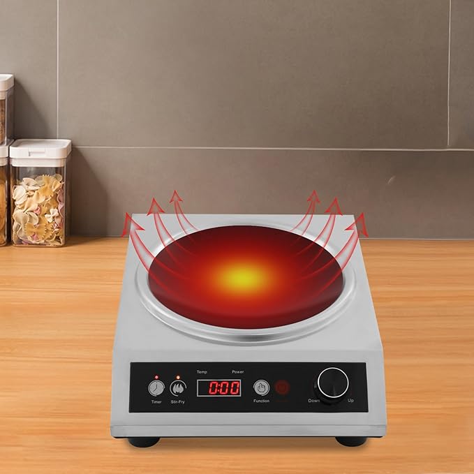 1800W Electric Wok, Stainless Steel Wok for Induction Cooktop with 10 Power, 1-24 Hour Timer, 140-460°F Adjustable Temperature, Concave Surface Induction Wok for Home and Commercial