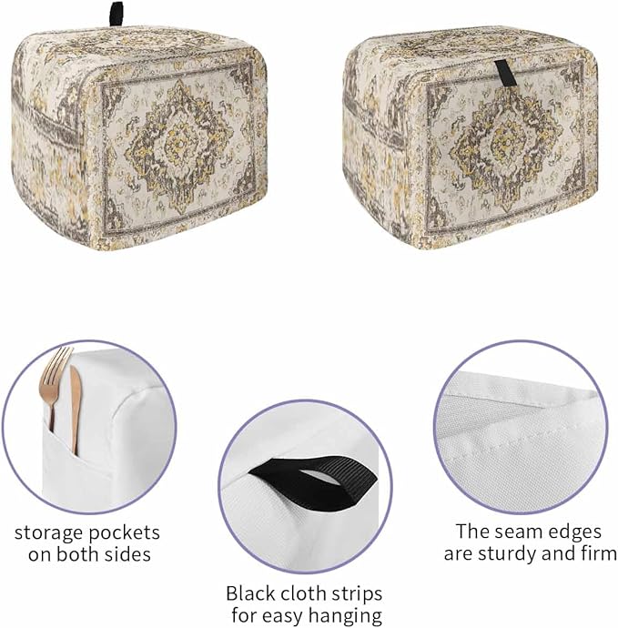 Beige Vintage Boho Toaster Cover 2 Slice, Ethnic Tribal Dustproof Bakeware Oven Protector with Top Hook, Geometric Abstract Waterproof Small Kitchen Appliance Toasters Dust Cover, 12"x7.5"x8"