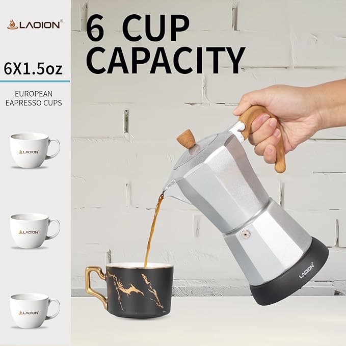 LAOION Cafeteras Electricas Modernas,6 Cup Portable Espresso Maker,300ml Moka Pot with Detachable Base & Overheat Protection, Great for Home，Office, or Travel, a Thoughtful Gift for Coffee Lovers