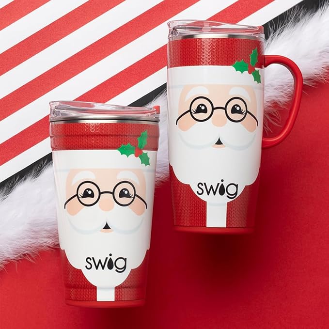 Swig Life 24oz Party Cup, Stackable Insulated Travel Coffee Tumbler with EZ Slider Lid, Cup Holder Friendly Travel, Stainless Steel 24 oz Tumbler, Reusable Mug (Mr Claus)