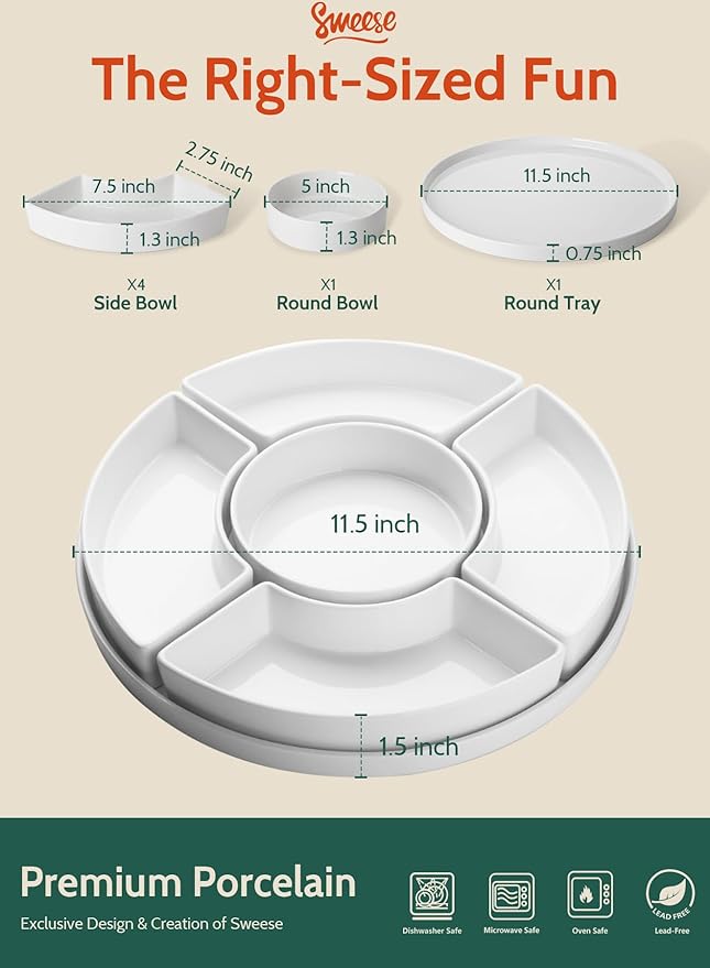 Sweese Porcelain Divided Serving Dishes, Relish Tray, Serving Bowls for Parties - Perfect for Chips and Dip, Veggies, Candy and Snacks, White