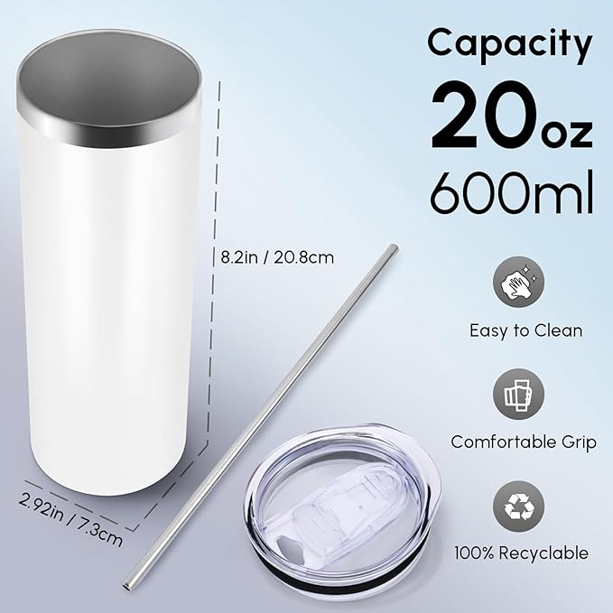 Volhoply 12 Pack Skinny Tumblers with Lid and Straw, 20oz Stainless Steel Straight Tumbler Bulk, Vacuum Insulated Coffee Mug for Home, Office, Travel, DIY (White,12 Pack)