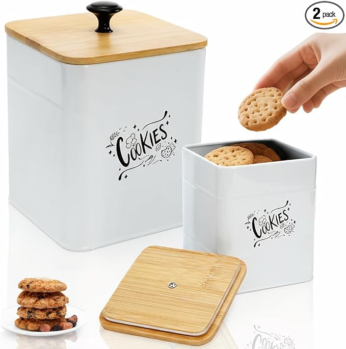 Goaste 2 Sizes Metal Cookie Jars with Lid, 101 & 54 OZ White Candy Cookie Tins, Decorative Food Storage Containers, Vintage Cookie Canister with Wide Opening for Kitchen Counter, Pantry, Gift Giving