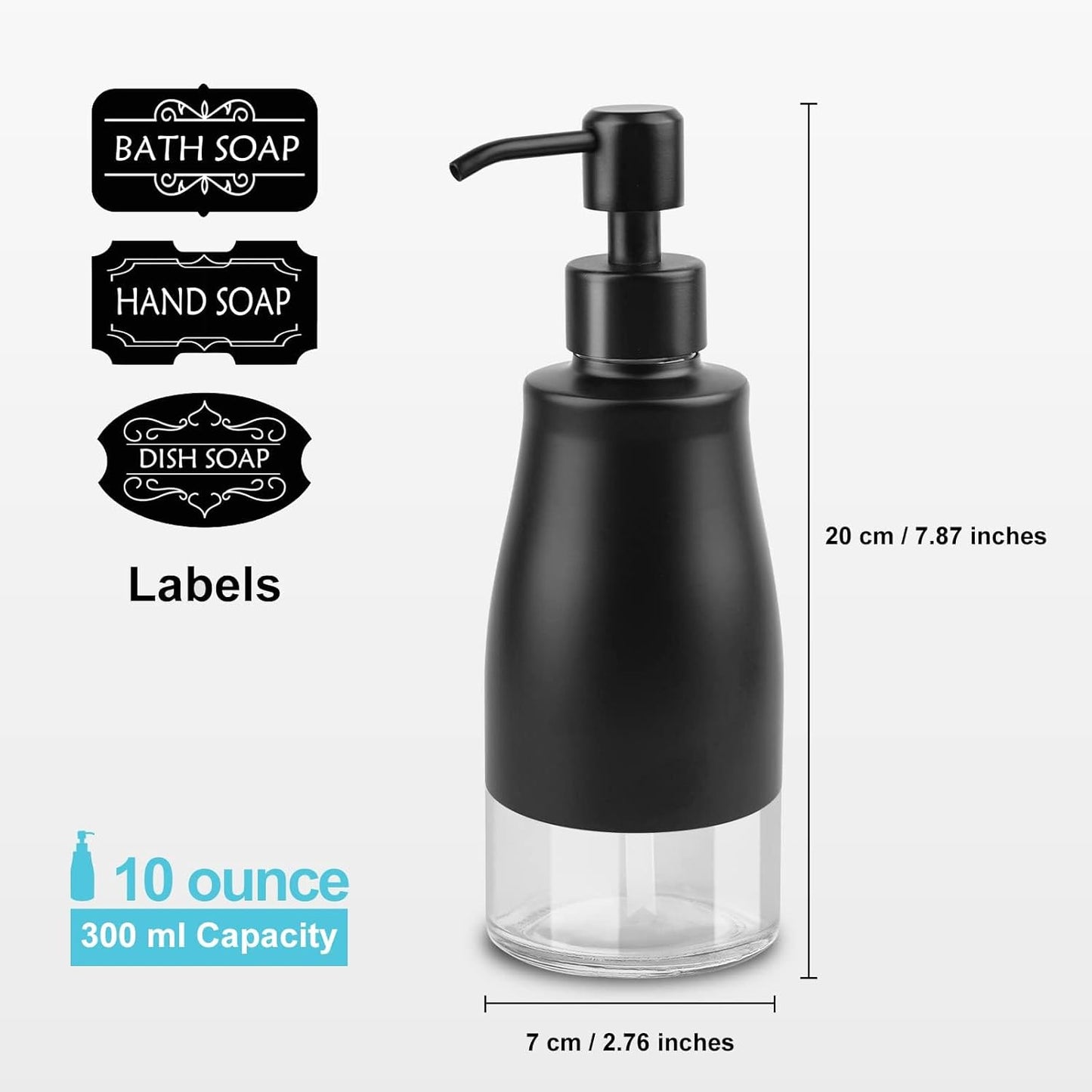 Soap Dispenser with Non-Slip Silicone Pad, 2 Pack Kitchen Dish Refillable Liquid Dispensers, Matte Black Hand Soap Dispenser for Bathroom, Stainless Steel Case Glass Liner Hand Pump Dispensers
