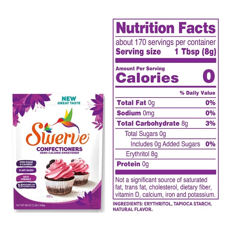 Swerve Ultimate Sugar Replacement Sweetener, Confectioners Sugar Substitute, Zero Calorie, Keto Friendly, Zero Sugar, Non-Glycemic, Gluten Free, 48 Oz