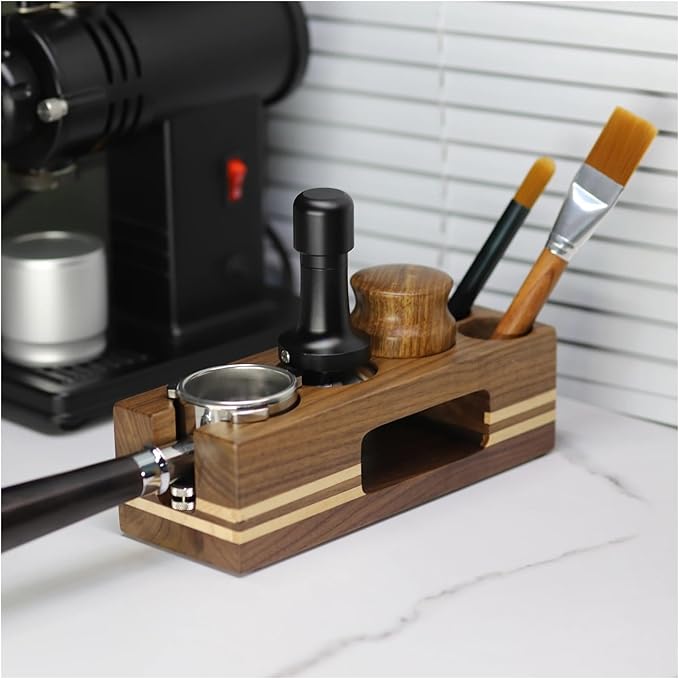 Walnut Wood Coffee Filter Holder, Espresso Tamper Mat Stand, Coffee Maker Support Base Rack, Barista Accessories(Silver)