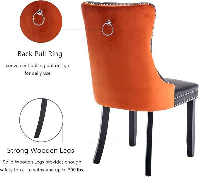 Dining Chairs Set of 6, Upholstered Dining Room Chairs with Back Ring Pull Trim and Solid Wood Legs, Modern Tufted Kitchen Chairs Perfect for Dining Room, Black Pu Leather Splicing Orange Velvet