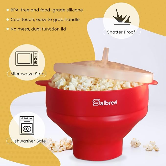 The Original Salbree Collapsible Silicone Microwave Popcorn Popper Maker Machine, Microwavable Bowl Holds 16 Cups, Uses Hot Air and Oil Always Optional - The Most Colors Available (Gray)