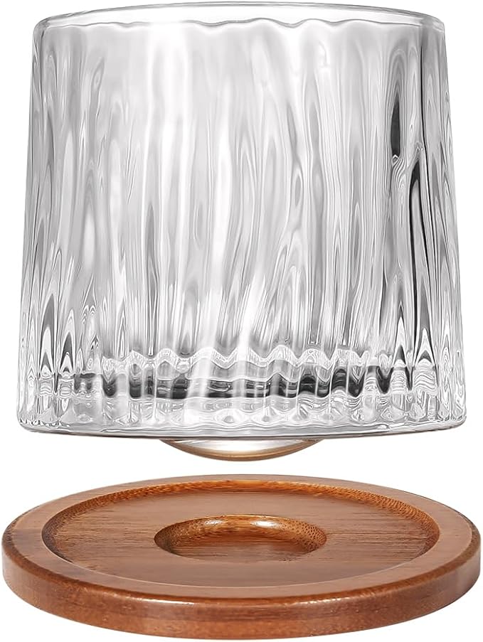 Rotatable Old Fashioned Glass Cup, 10oz/275ml Crystal Whiskey Glass, Wood Coaster, Thickening, Used as Rum Glass, Cocktail Cup, Coffee, Milk to Relax and Reduce Stress, Ideal Gift, Christmas gifts