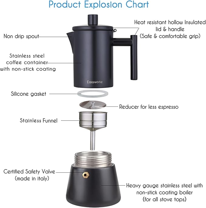 Easyworkz Diego Stovetop Espresso Maker Stainless Steel Italian Coffee Machine Maker 6Cup 10 oz Moka Pot Induction Espresso Pot - Matte Black