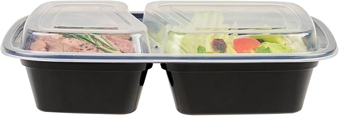 Restaurantware Asporto 32 Ounce Compartment Take Out Boxes 100 Microwavable Meal Prep Containers - 2 Compartments With Clear Plastic Lids Black Plastic Food Containers Do Not Contain BPA