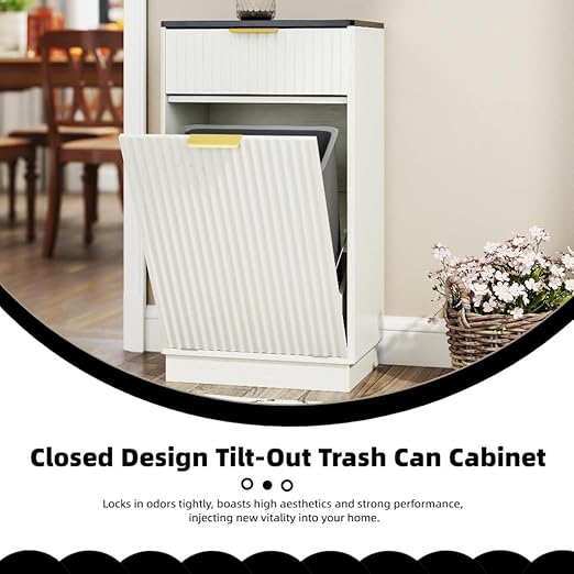 10 Gallon Tilt Out Trash Can Cabinet –Wooden Hidden Trash Can Cabinet,Pet Proof Garbage Recycling Cabinet with Storage for Kitchen Bathroom Living Room White