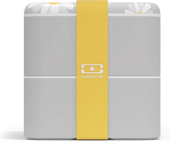 monbento - Large Bento Lunch Box MB Square Daisy with 2 Compartments - 57 oz -3 Leakproof Lunch Box for Work/Picnic/Meal Prep - BPA Free - Microwave & Dishwasher Safe - Flowers Pattern - Grey