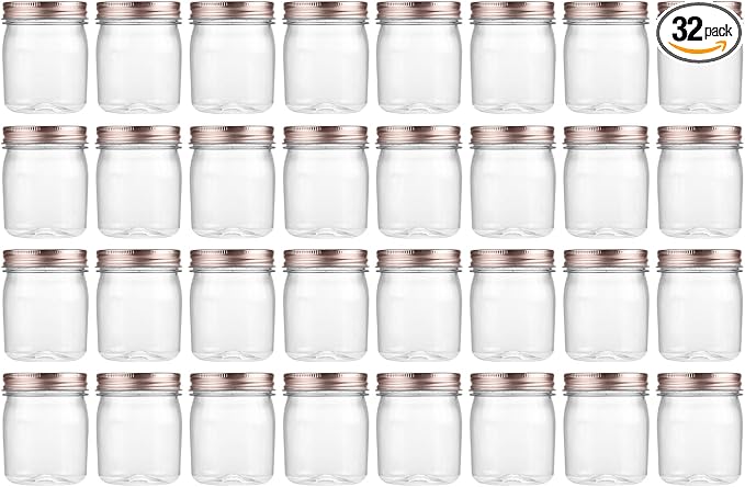 novelinks 8 oz Clear Plastic Jars with Airtight Lids, 32 Pack Plastic Mason Jars with Lids 8oz, Refillable Storage Slime Containers & Small Spice Jar for Kitchen Organization (32 Pack,Rose Gold)