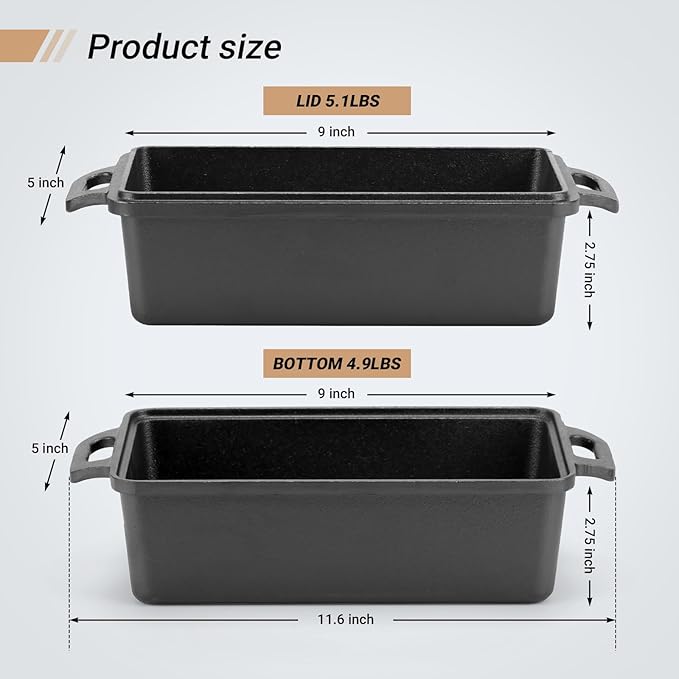 Northriver Casting 9×5 Inch Cast Iron Loaf Pan with Lid | Bread Baking Pan | Even Heat Distribution for Homemade Bread, Cake, and Meatloaf | 2 Piece Set