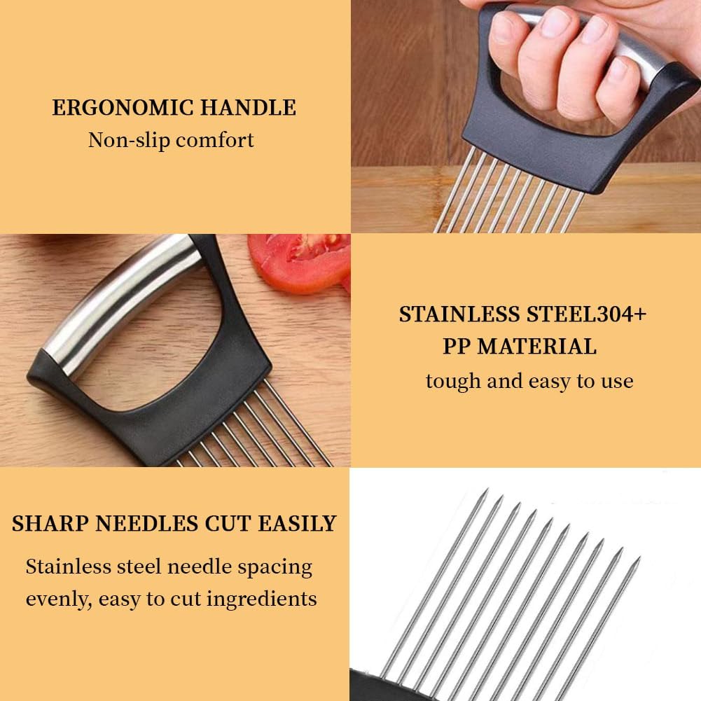 Onion Holder for Slicing, Stainless Steel Onion Slicer and Chopper, Lemon Slicer Vegetable Cutter Kitchen Tool, Food Slicing Assistant for Meat, Tomato, Potato, Lemon (2 Pack)