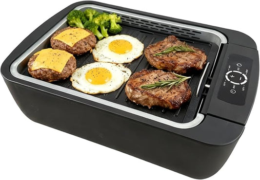 Indoor Smokeless Grill & Griddle, 1100W Electric Gill for BBQ, Smoke Extraction Device, 6-Speed Temperature Control, Non-Stick ‎Grill Plate with Oil Drain Holes, Dishwasher Safe, 5-Serving