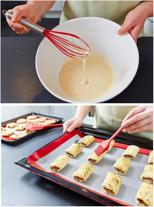 NatureMan 5 Pieces Non-Stick Food Silicone Kitchenware Utensils- Kids Cooking Sets - for Cooking Baking Mixing, Stirring-Ergonomic Dishwasher Safe（Red）