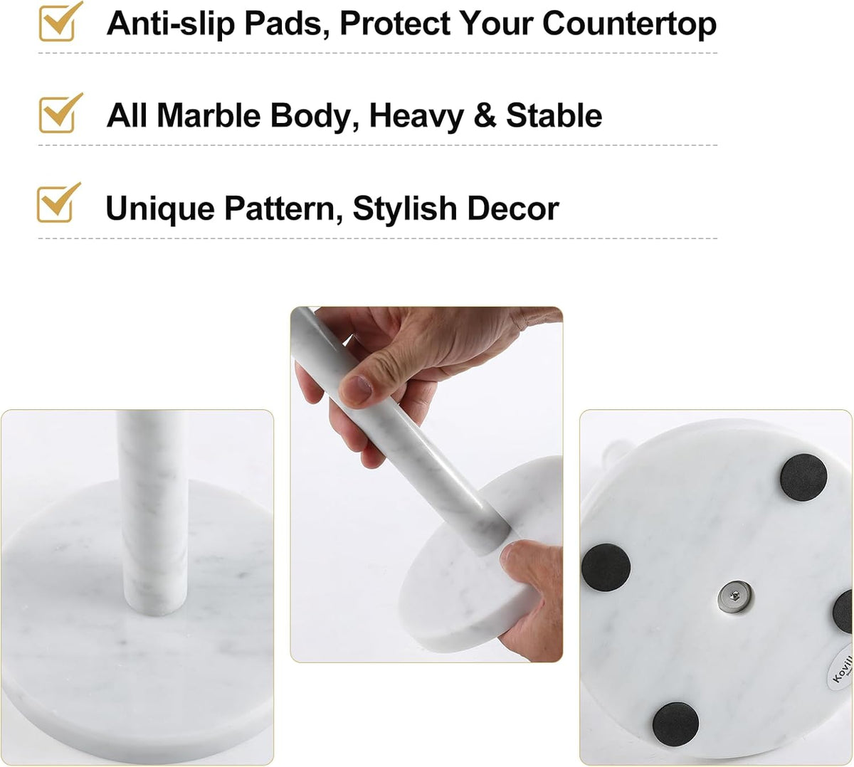 Koville Carrara Marble Paper Towel Holder Countertop, 6“ Genuine Stone Paper Towel Holder Stand for Kitchen Storage, for Standard or Jumbo-Sized Rolls