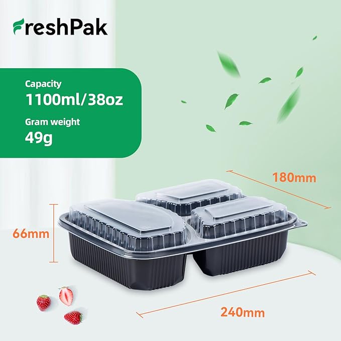 Food Containers Reusable 40 Pack 38oz - Shrink Wrap Leakproof | Portion Control Leftover Plastic Container with Lid | BPA Free Freezer & Microwave Safe Meal Prep | 3 Compartment Takeout Boxes