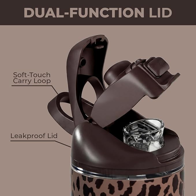 HydroJug Ease2o Water Bottle with Straw & Chug Lid, Stainless Steel, Vented Cap to Help Reduce Pressure, Water-Level Window, Cup Holder Friendly, Non-Slip Base – 32oz, Brown Leopard